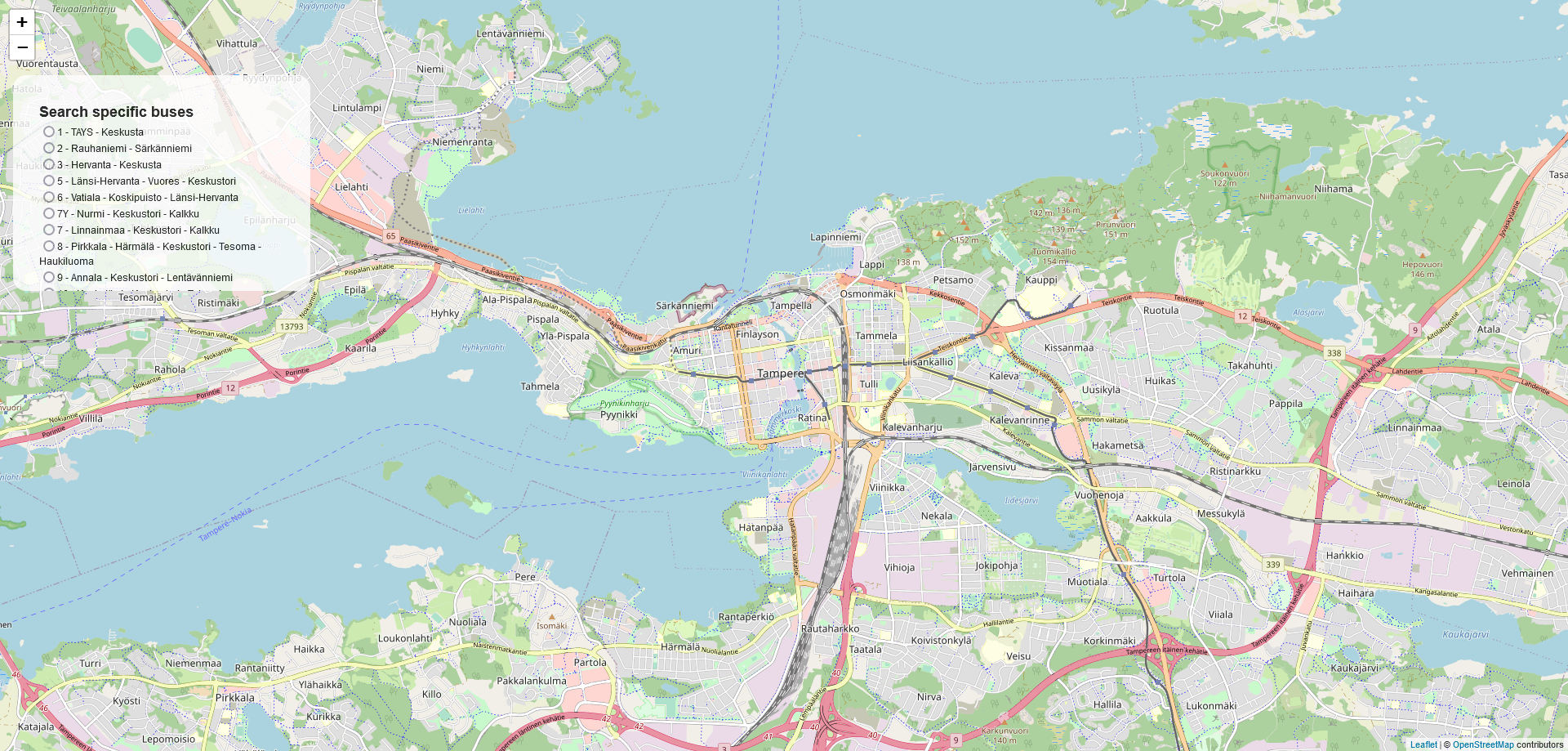 Screenshot from my Tampere busmarkers project. Image shows a map of Tampere and filtering options on the left