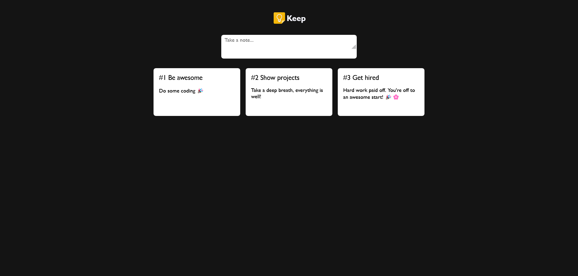 A screenshot of The Google Keep clone project